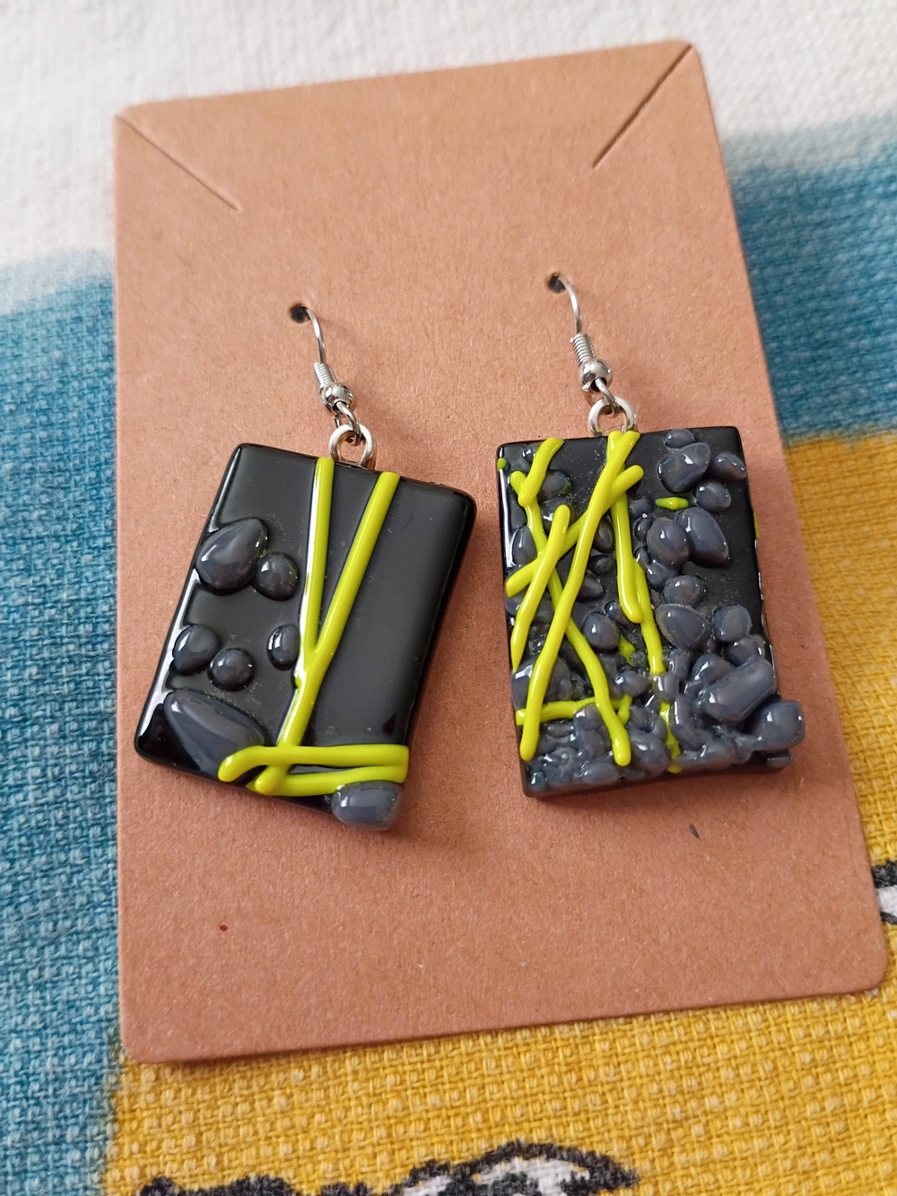 Handmade Neon Yellow & Black Textured Rectangular Dangle Earrings.